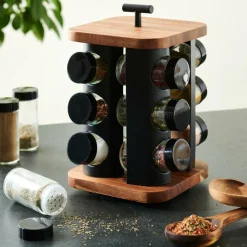 ACACIA LUX Carrousel à épices 12 Pots Pivotant 360° Noir, Naturel