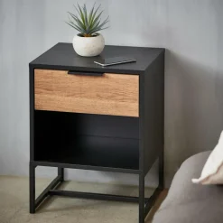 TRENTON Table De Chevet Noir, Naturel